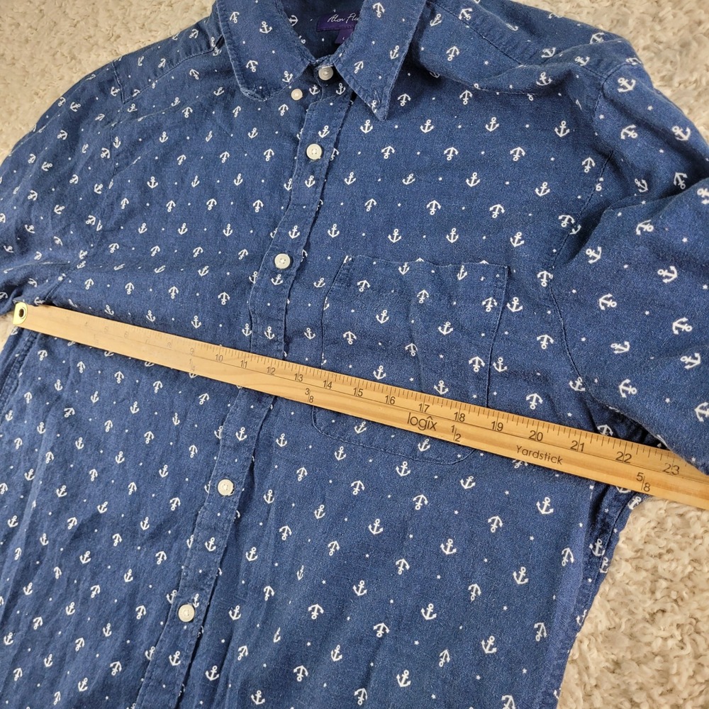 Alan Flusser Shirt Men's Large Blue Linen Blend Anchor Nautical Print Button L/S - Picture 7 of 10